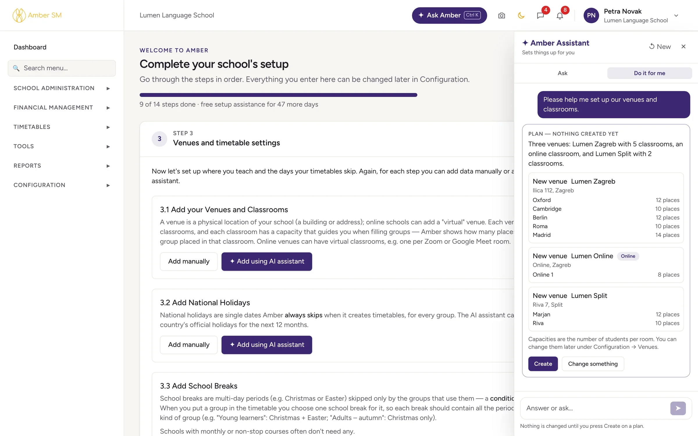 The school setup checklist in Amber with AI-assisted steps