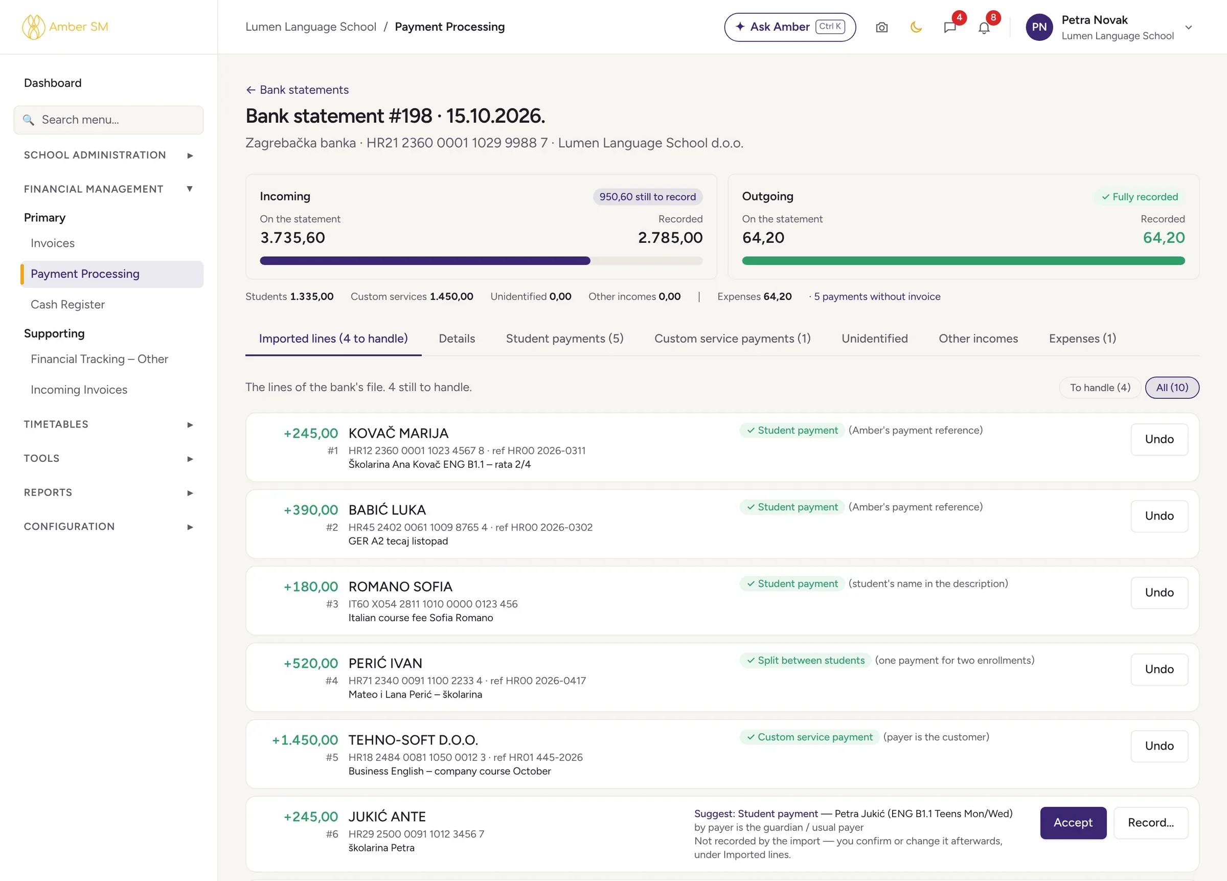 A bank statement in Amber with payments matched to students