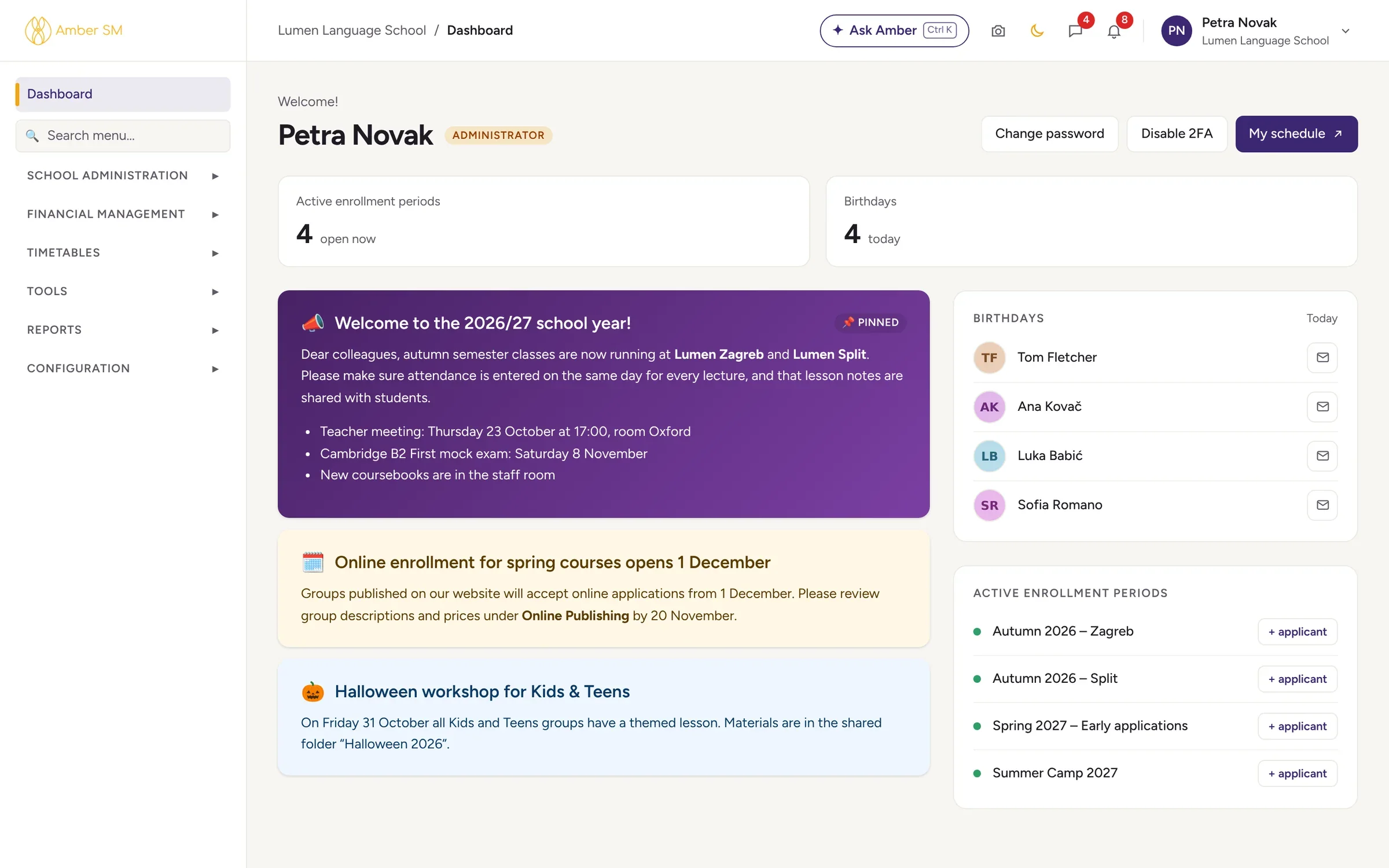 The Amber dashboard of a language school