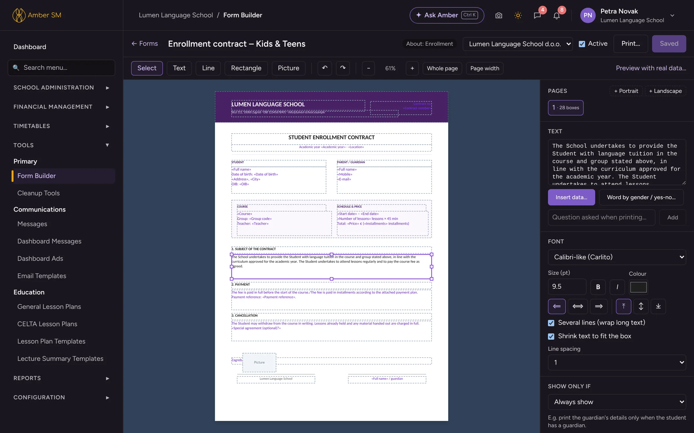 The Form Builder in Amber, with data fields placed on a contract layout