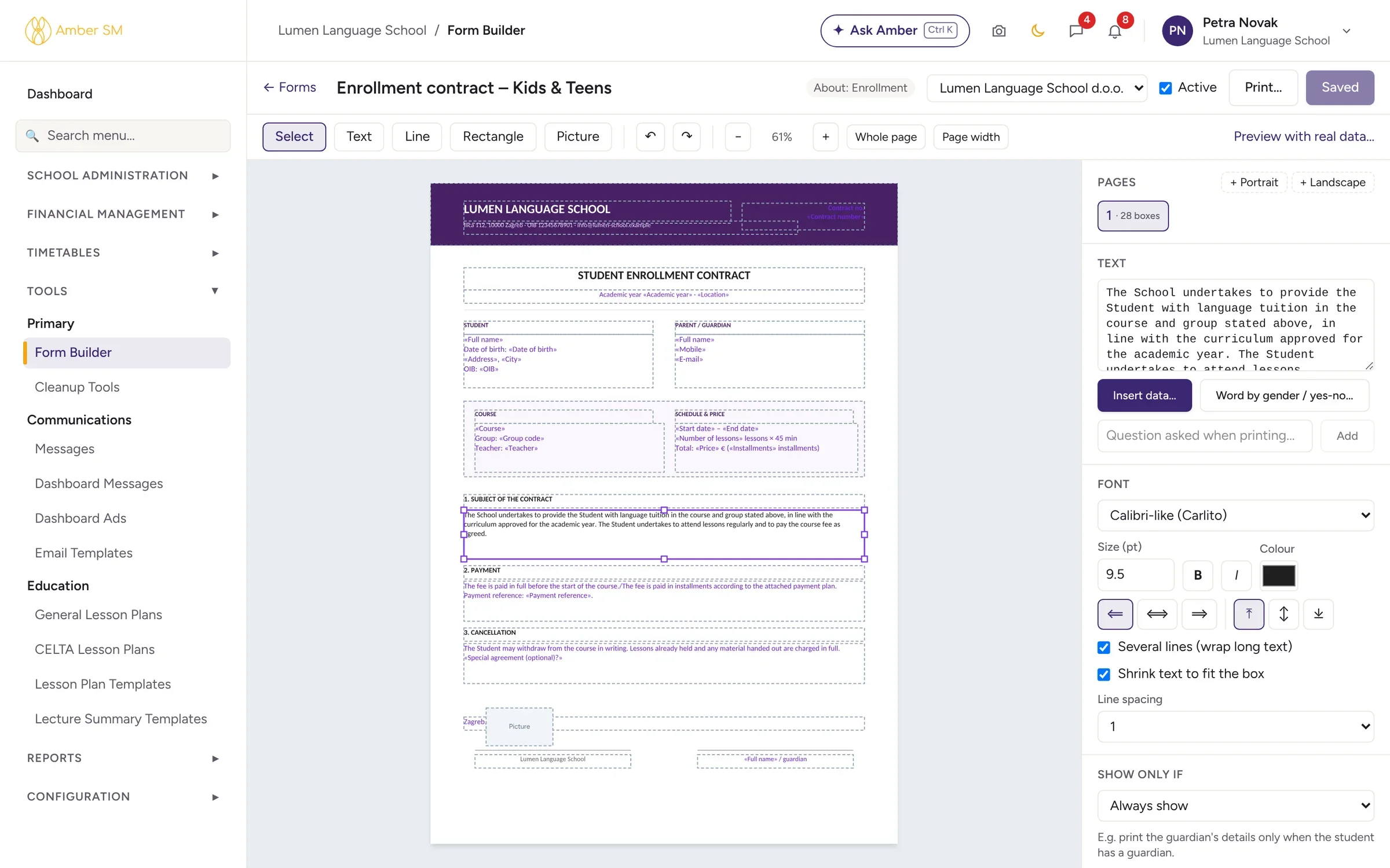 Form Builder u Amberu s predloškom ugovora i podatkovnim poljima