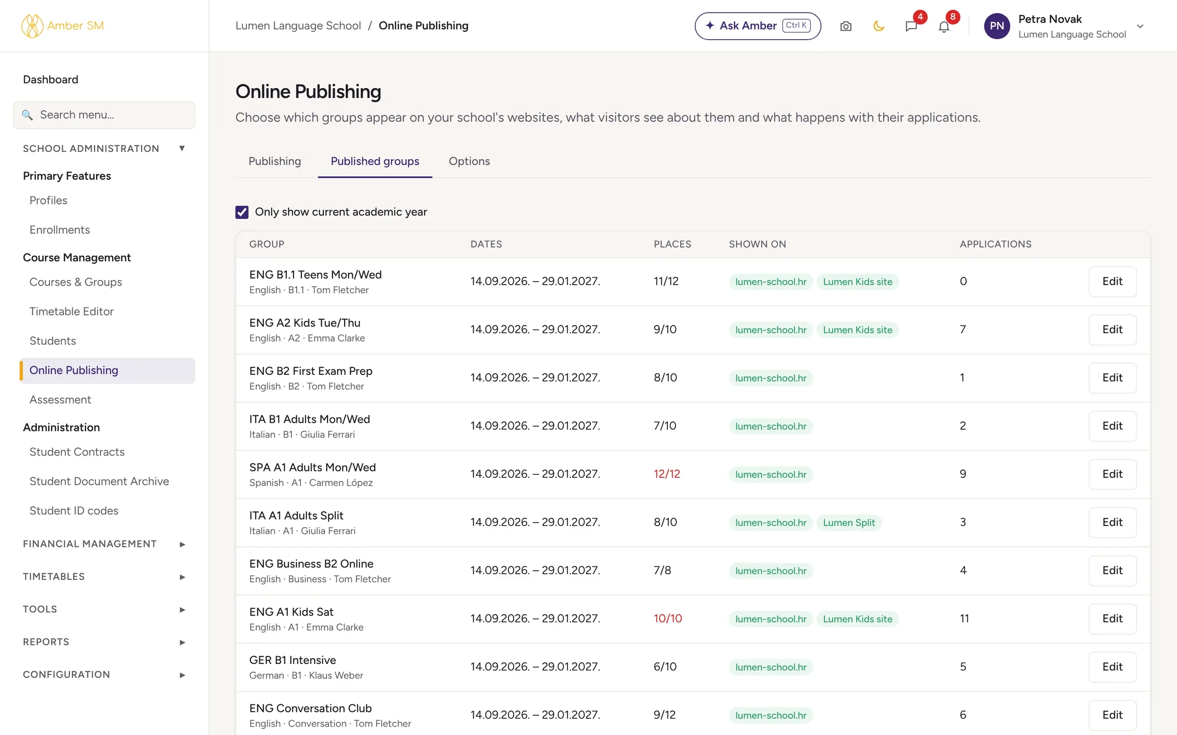 Online Publishing in Amber, showing groups published on the school’s websites and the fields visitors see