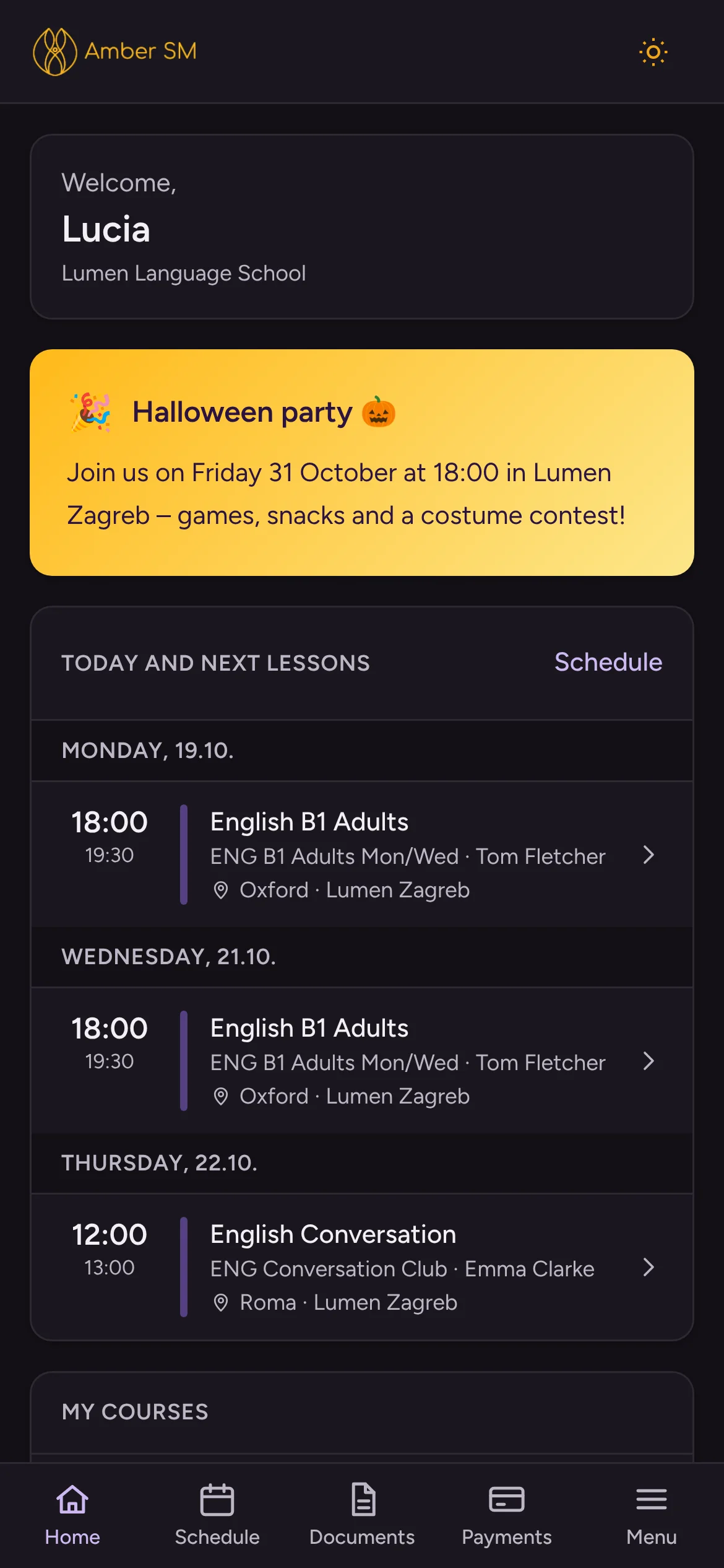 The Amber student portal on a phone, showing today’s lessons, things to do and messages