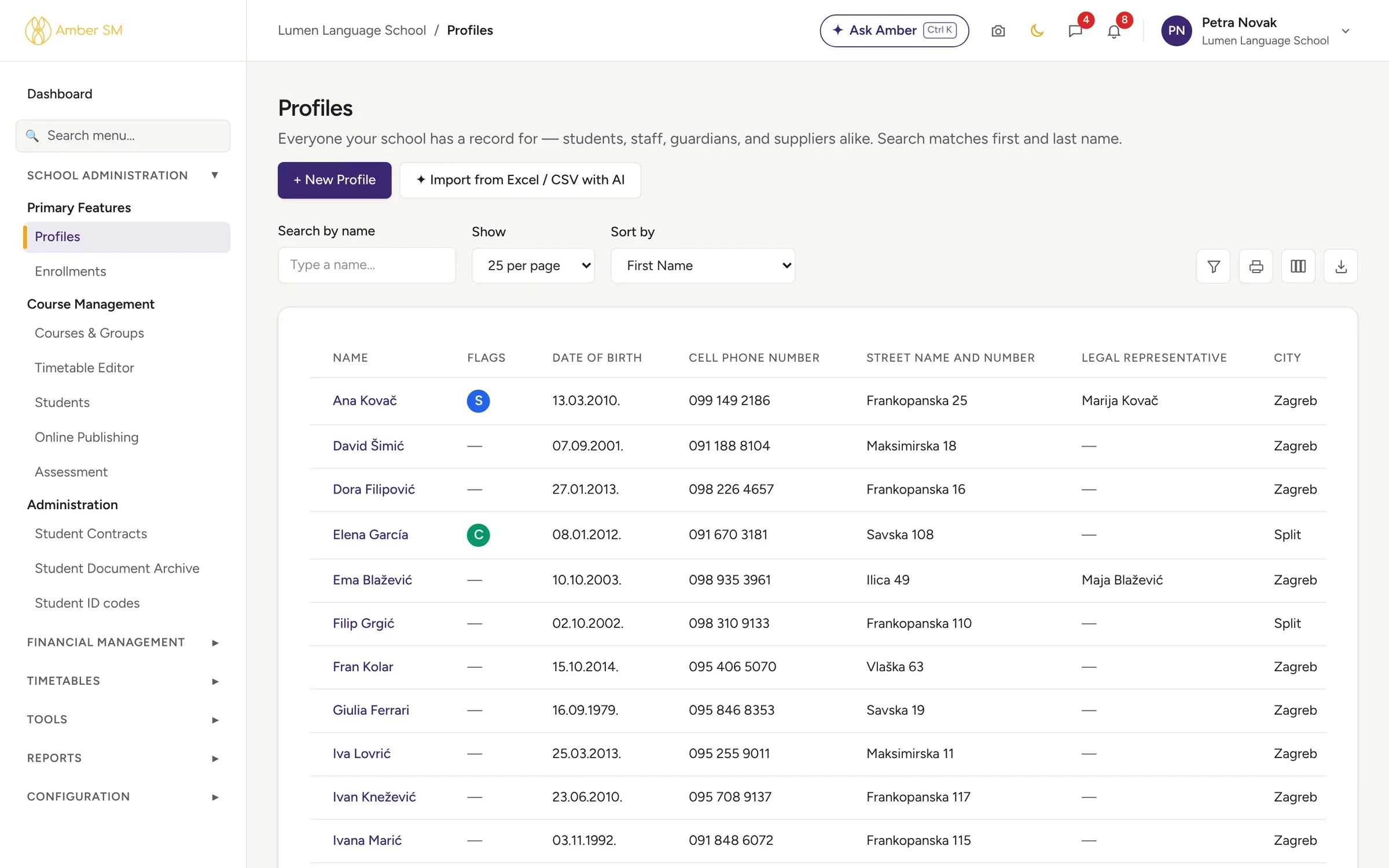 A student profile in Amber with courses, payments and documents
